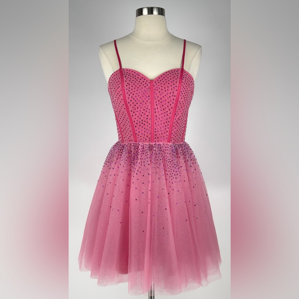 Pink Tulle Corset Mini Dress Crystals Sparkly Prom Party Gown Barbiecore Size 4
